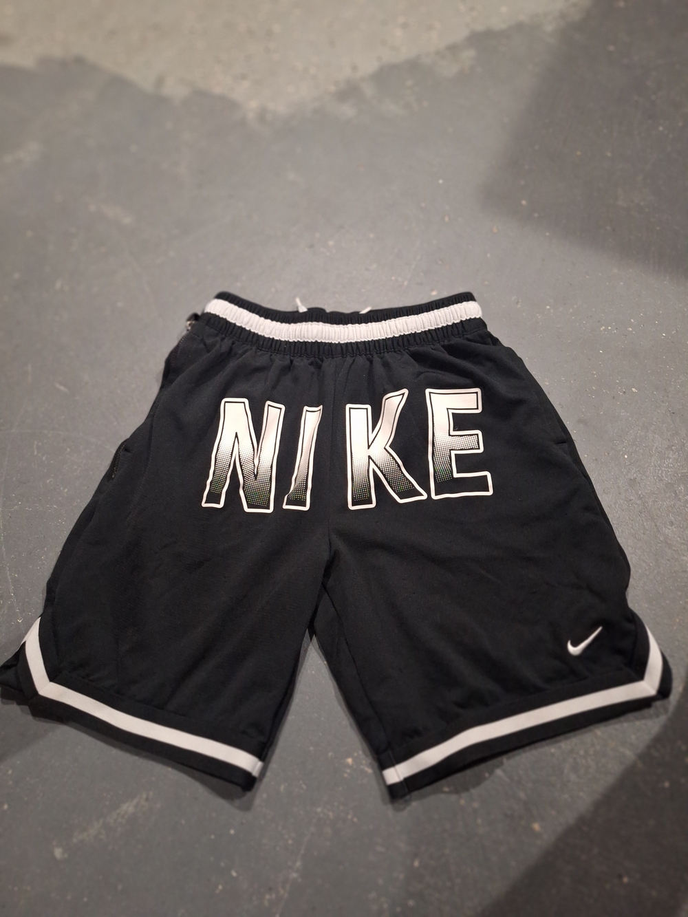 Nike Dri-fit Boys Black Shorts with White Logo and Stripe.size Large